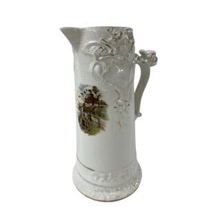 Antique Tankard Pitcher 12 Inch Owen Minerva Victorian Scene Handle Pottery